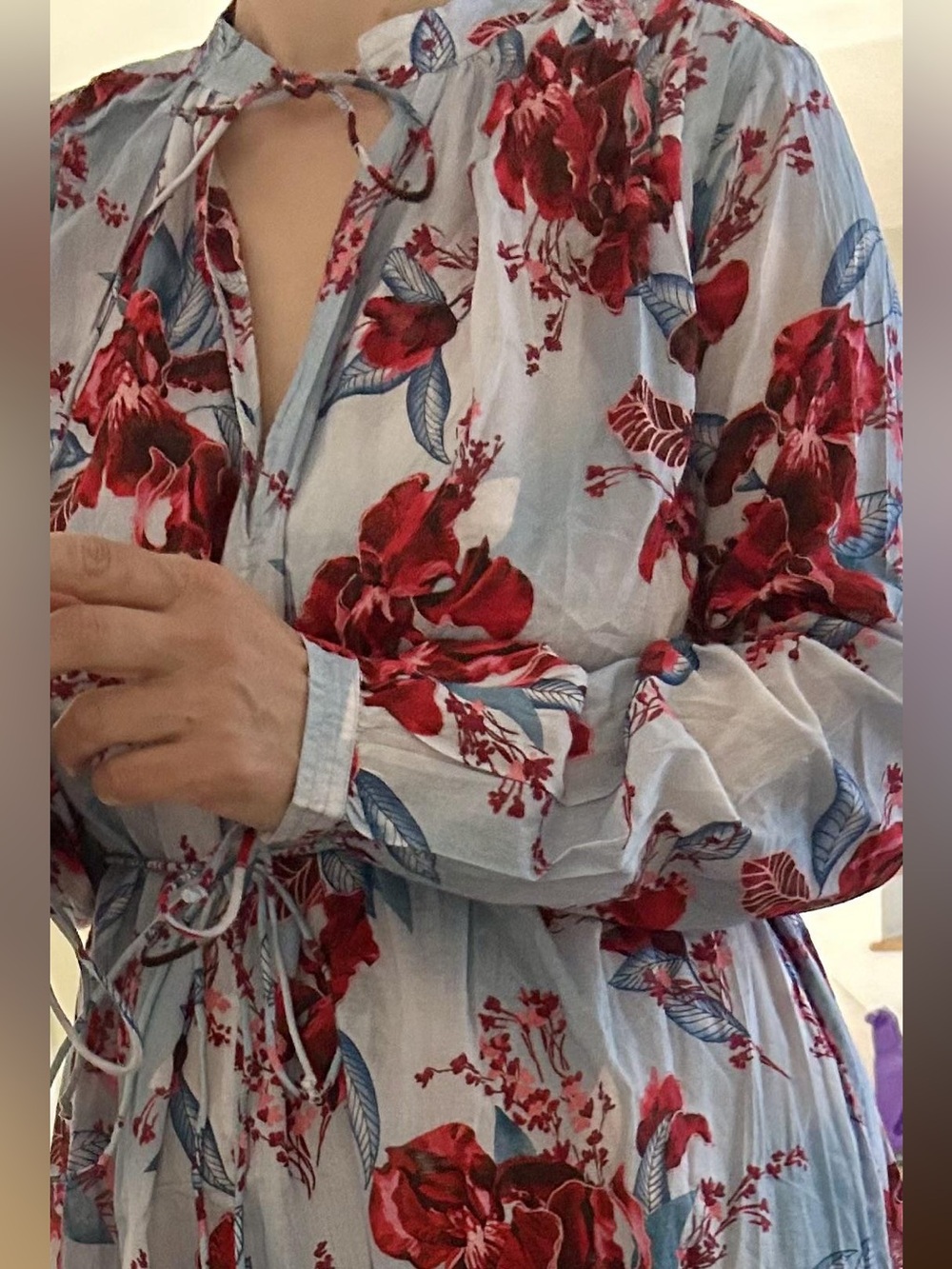 J. Crew Cotton voile Kaftan tunic dress  Sky Blue Maxi Dress Floral Print NWT M - Picture 2 of 12